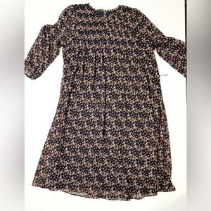 Ann Taylor Black Floral Long Sleeve Dress Boho Cottagecore Size Large Petite